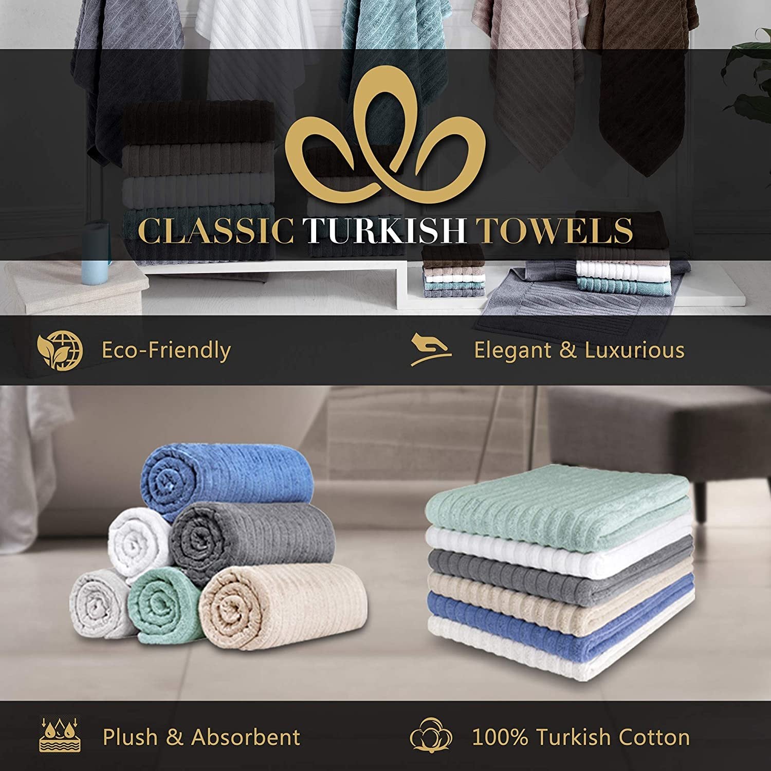 Classic Turkish Towels Luxury Ribbed Bath Towels - Soft Thick Jacquard  Woven 2 Piece Bath Set Made with 100% Turkish Cotton